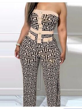 Strapless Beige & Black Geometric Jumpsuit